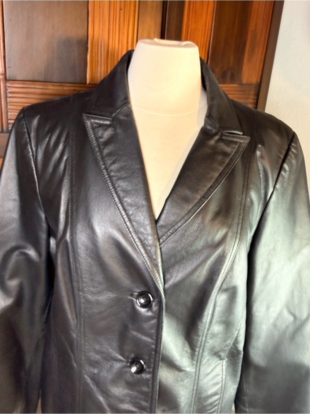 East 5th Womens Large Black Genuine Leather Blazer Jacket 3 Button Classic Fit - Picture 3 of 11